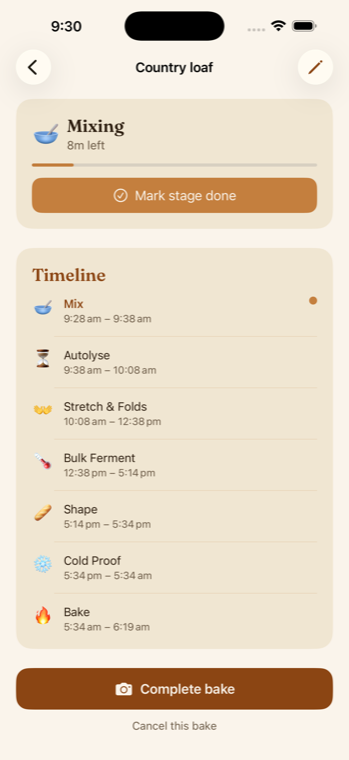 Active bake view showing stages from Mix through Bake with live timing